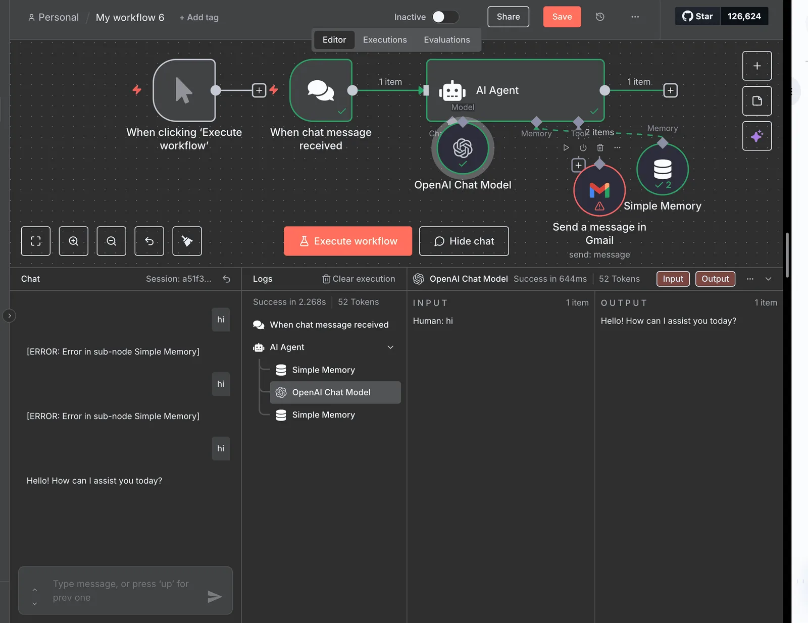 Activepieces AI agent workflow with OpenAI Chat Model and memory components showing a chat execution.
