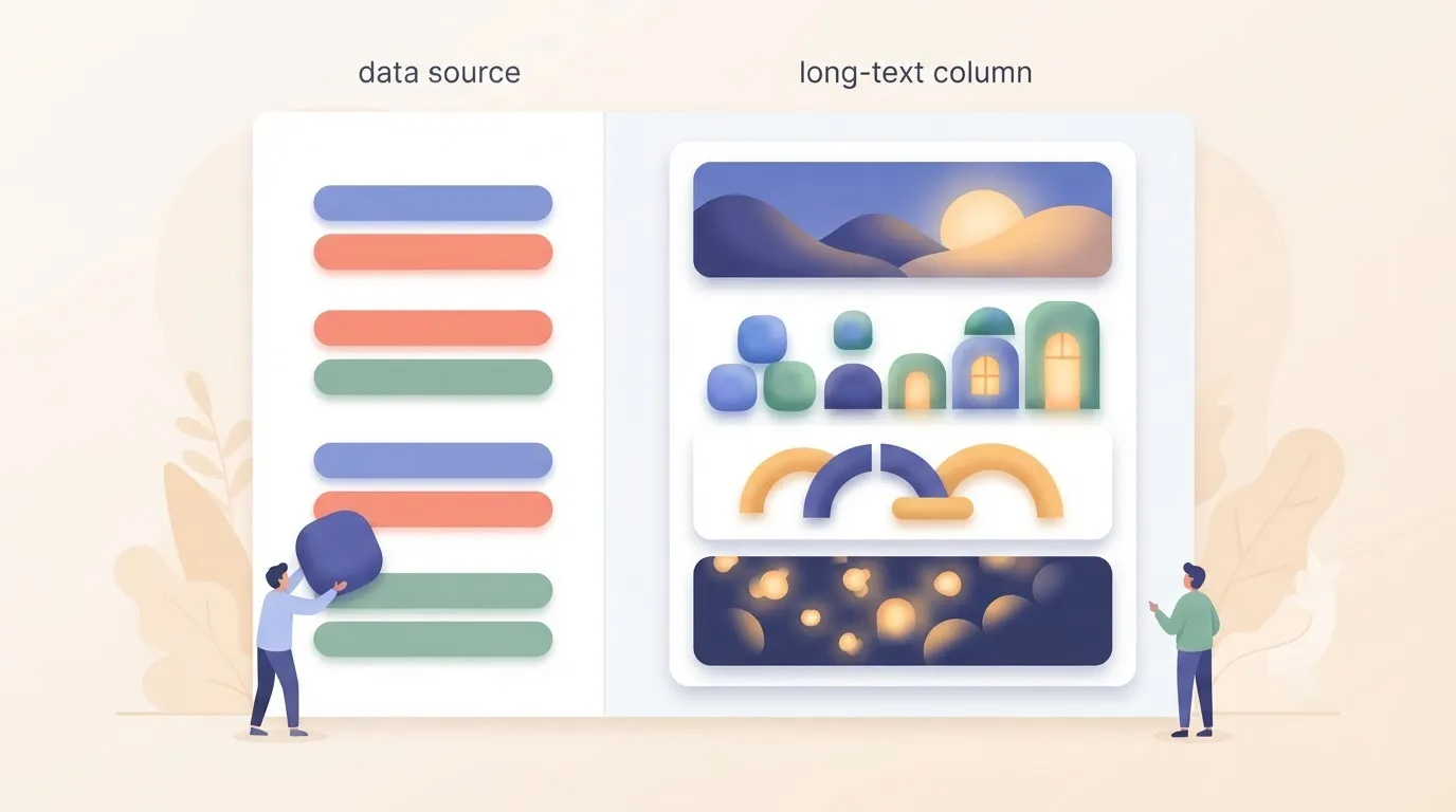 From paragraph 33: A rectangular Monday.com user interface shows a single, wide 'long-text column' next to a 'data source'…