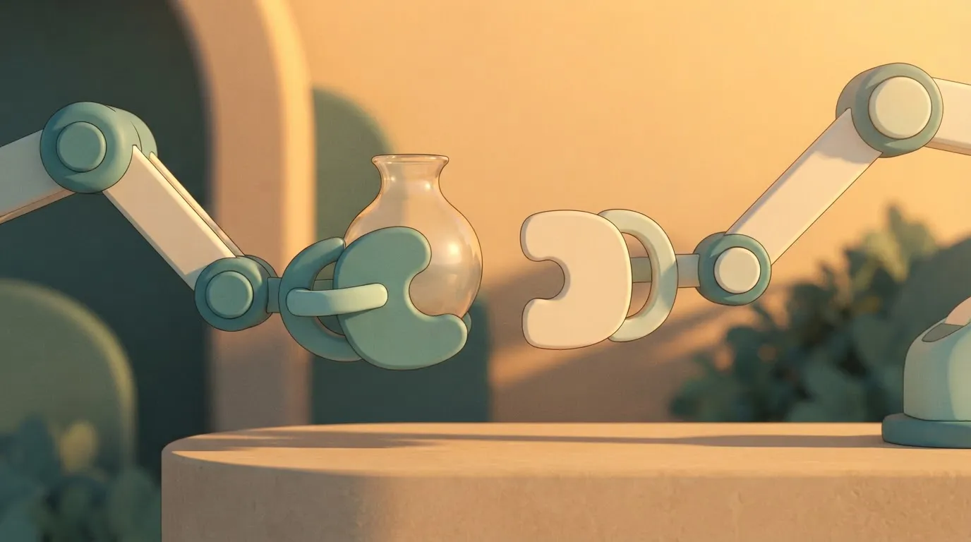 Paragraph 67: Two robotic arms attempting to pass a delicate glass vase between them, but the hands are shaped like…