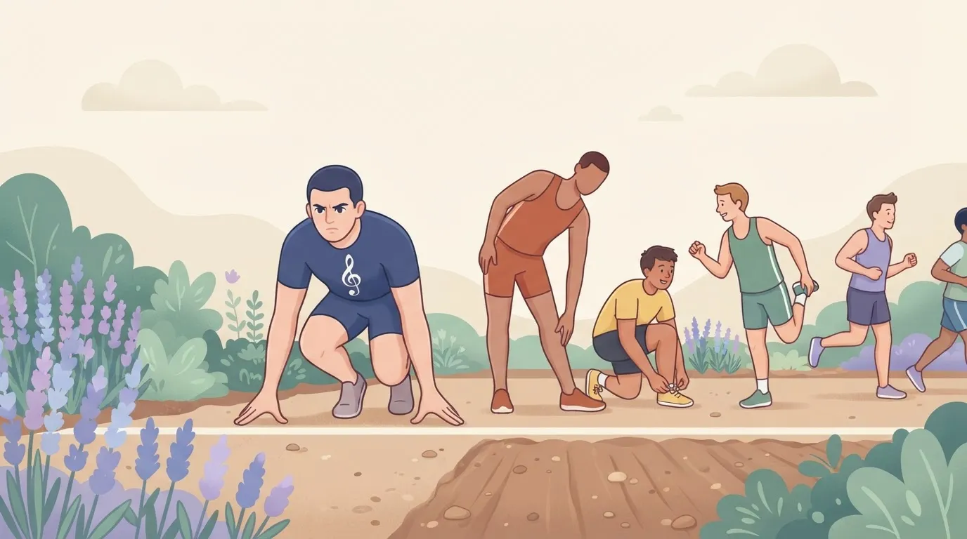 A row of different sized athletes at a starting line; while the others are in various relaxed poses or stretching, one…