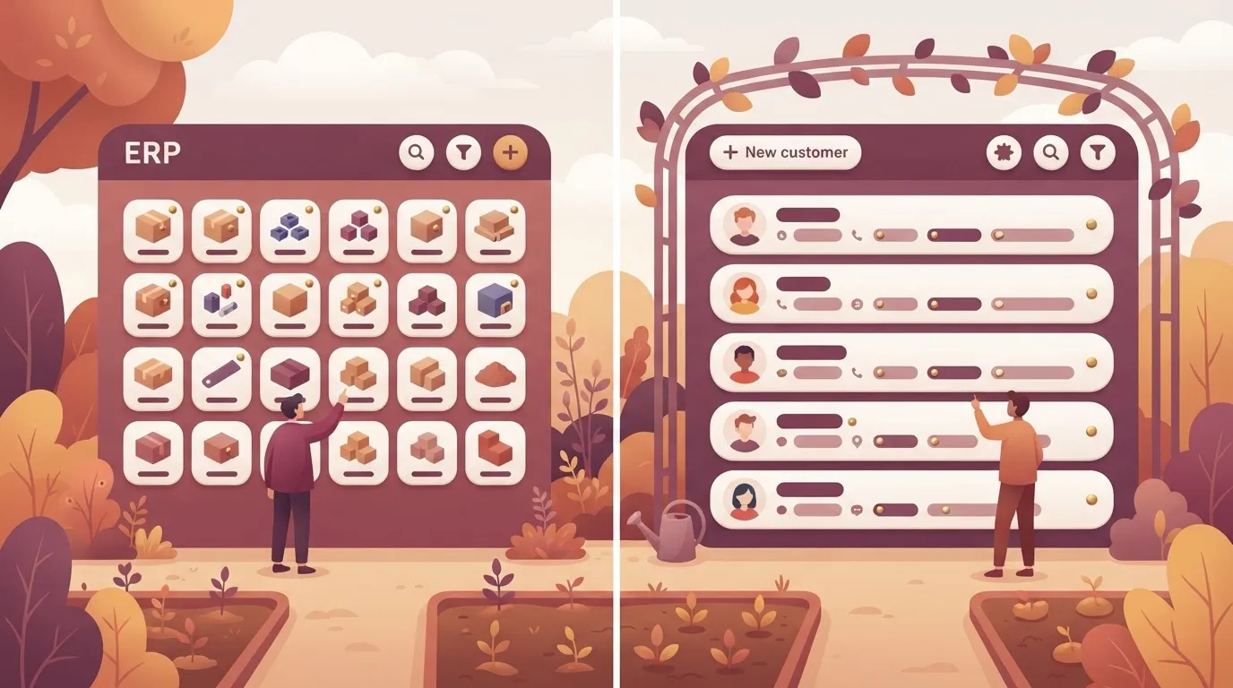 A split-screen view showing two distinct digital interfaces: one side displays an ERP system with a grid of inventory…