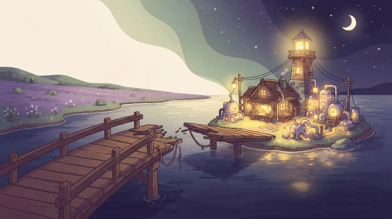 A sturdy bridge leading to a small island; the bridge has been physically cut in the middle, yet the lights and machinery…