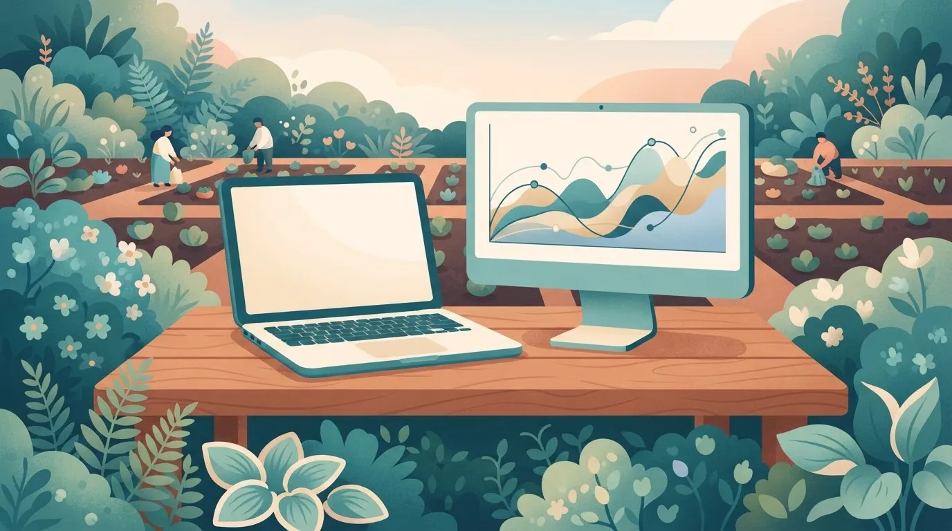A laptop (MacBook Pro) sitting open on a wooden desk next to a standalone external monitor (independent VDU) displaying a…