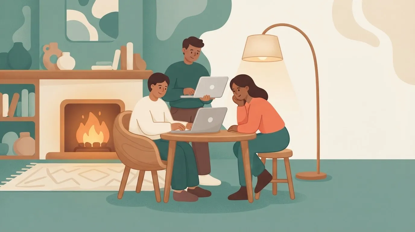 Three people crowded around a one-person desk