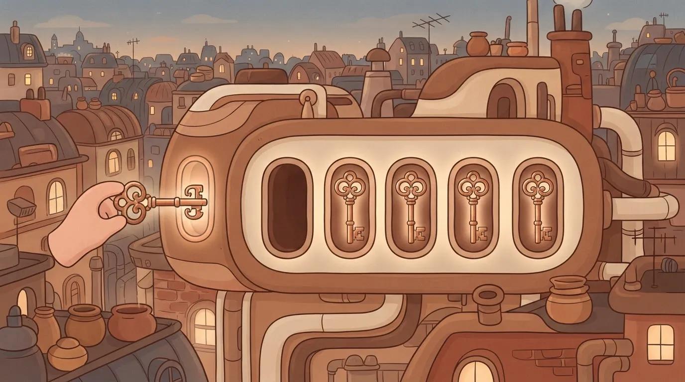 A large mechanical hub with several identical, empty sockets; one single, intricate key is being plugged into one socket…
