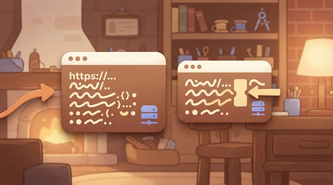 Two slightly mismatched URL cards and a blocked arrow