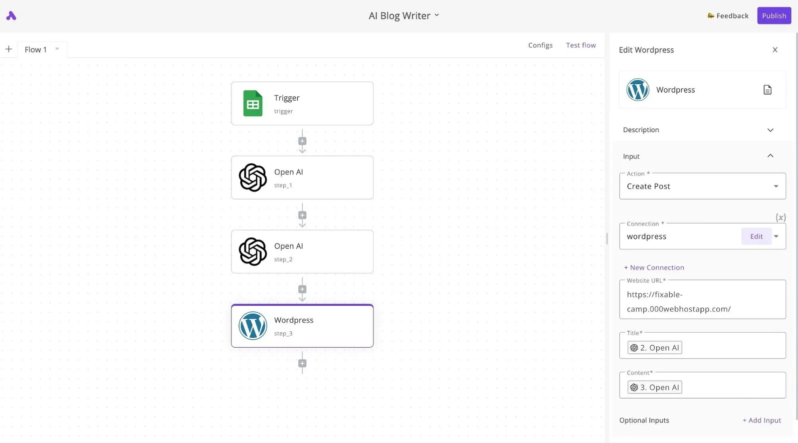 A content publishing workflow with trigger, AI steps, and WordPress post creation configured in Activepieces.