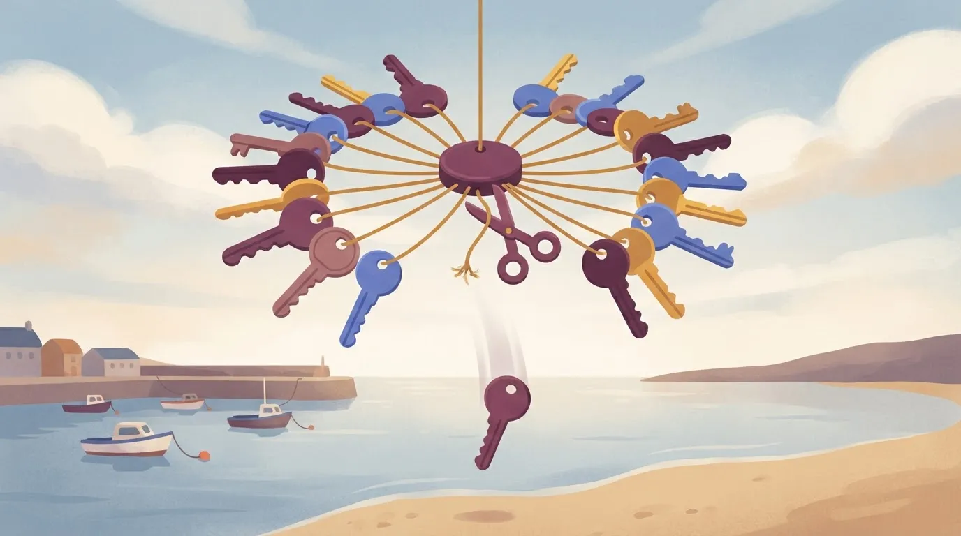 A large ring of keys where each key is attached to the ring by a thin cord leading back to a single central hub; one cord…