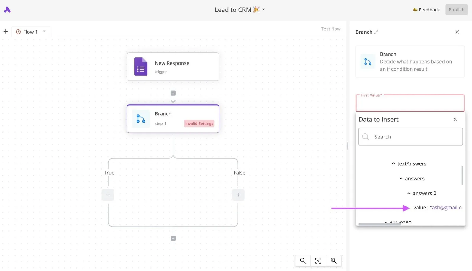 Workflow showing Lead to CRM automation with Branch step and conditional paths in Activepieces builder