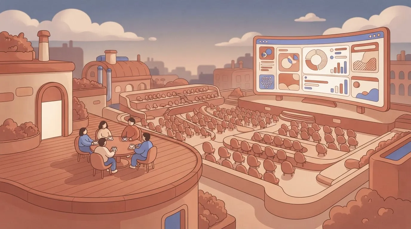 Five chairs beside a vast block of identical chairs facing a screen