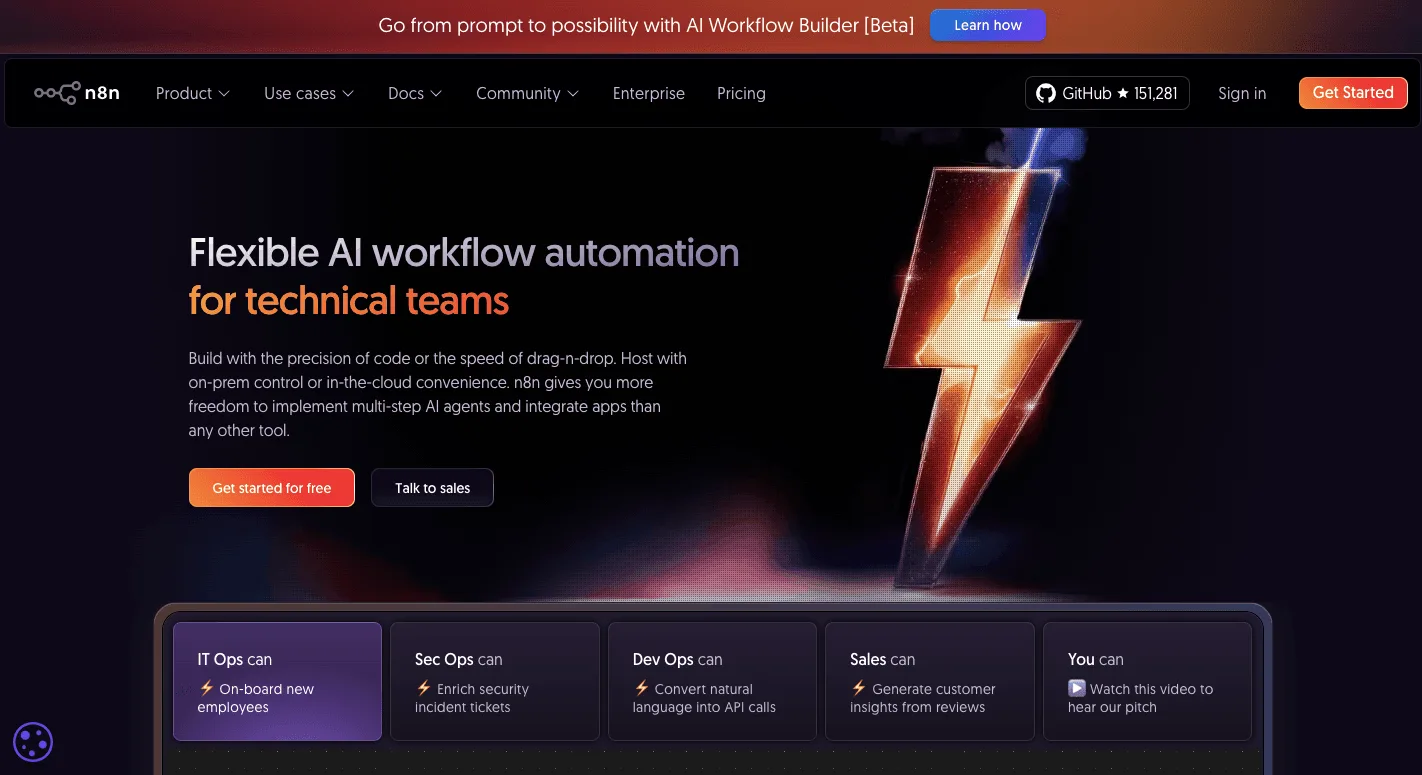 Activepieces homepage showing flexible AI workflow automation for technical teams with hero graphic and use case cards.