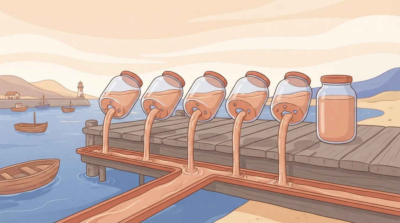 A row of glass jars filled with liquid, where every jar except the current one has a large hole drilled into the bottom…