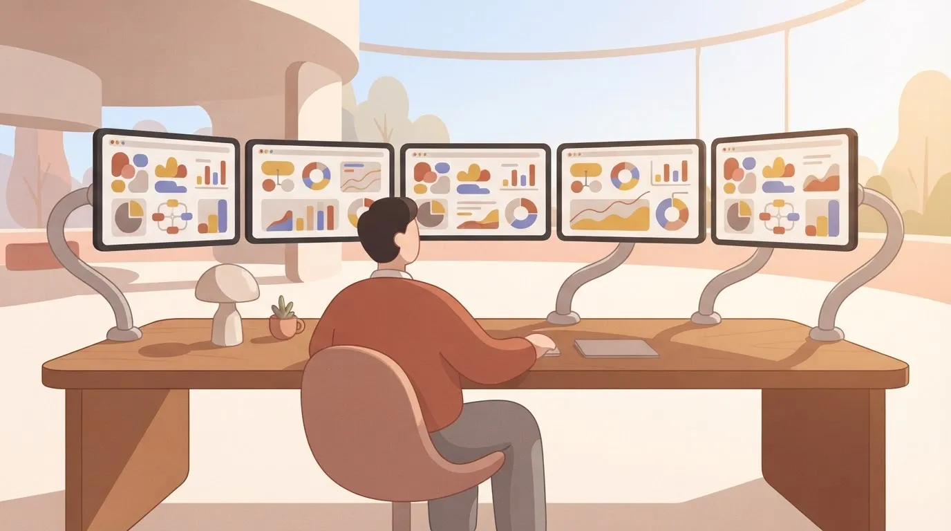 A person sitting at a desk with five different computer monitors arranged in a semi-circle, but all five monitors are…