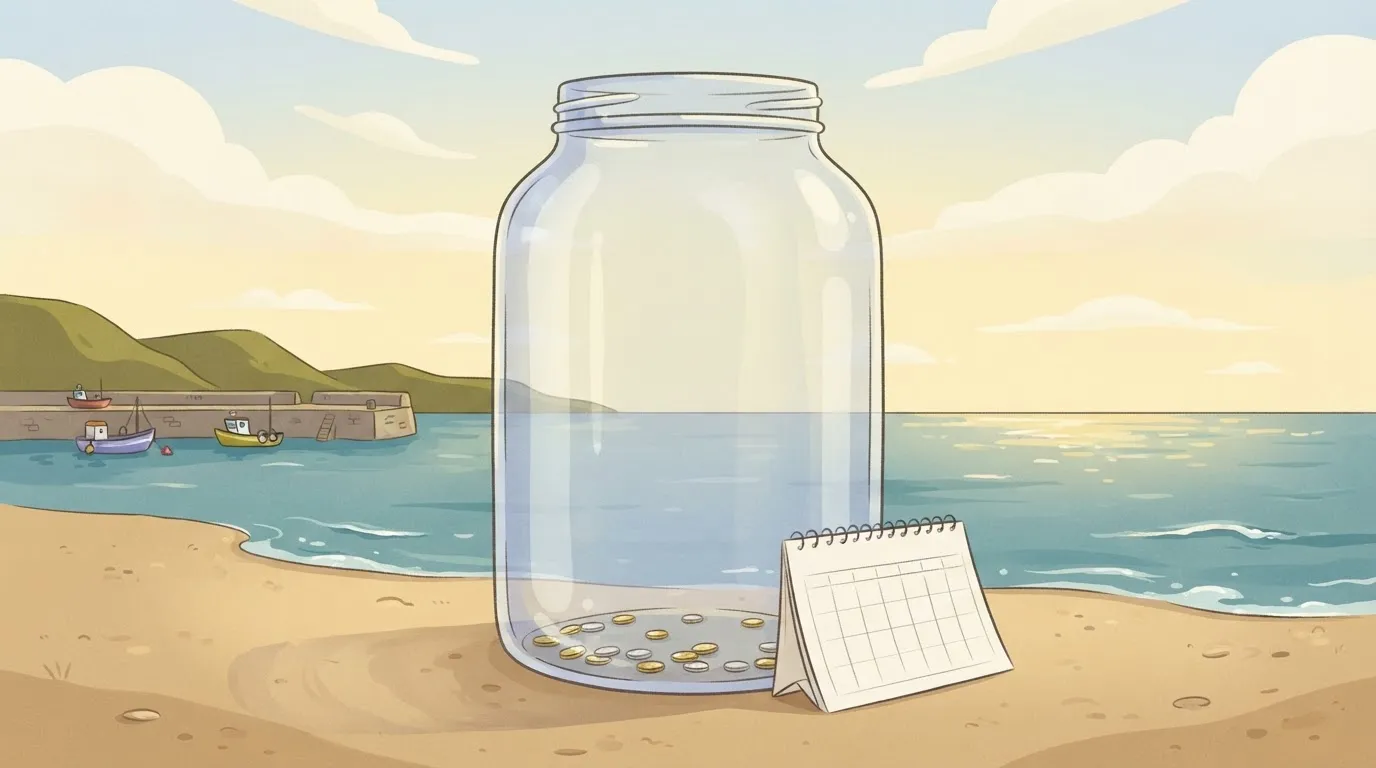 A huge jar with a thin dusting of coins at the bottom