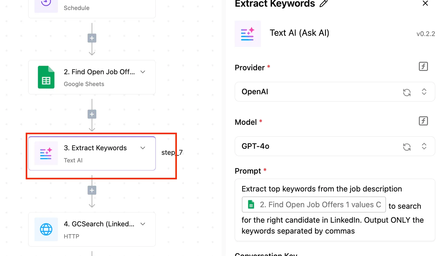 A workflow automation canvas with a selected Extract Keywords step showing AI configuration for a recruitment automation…