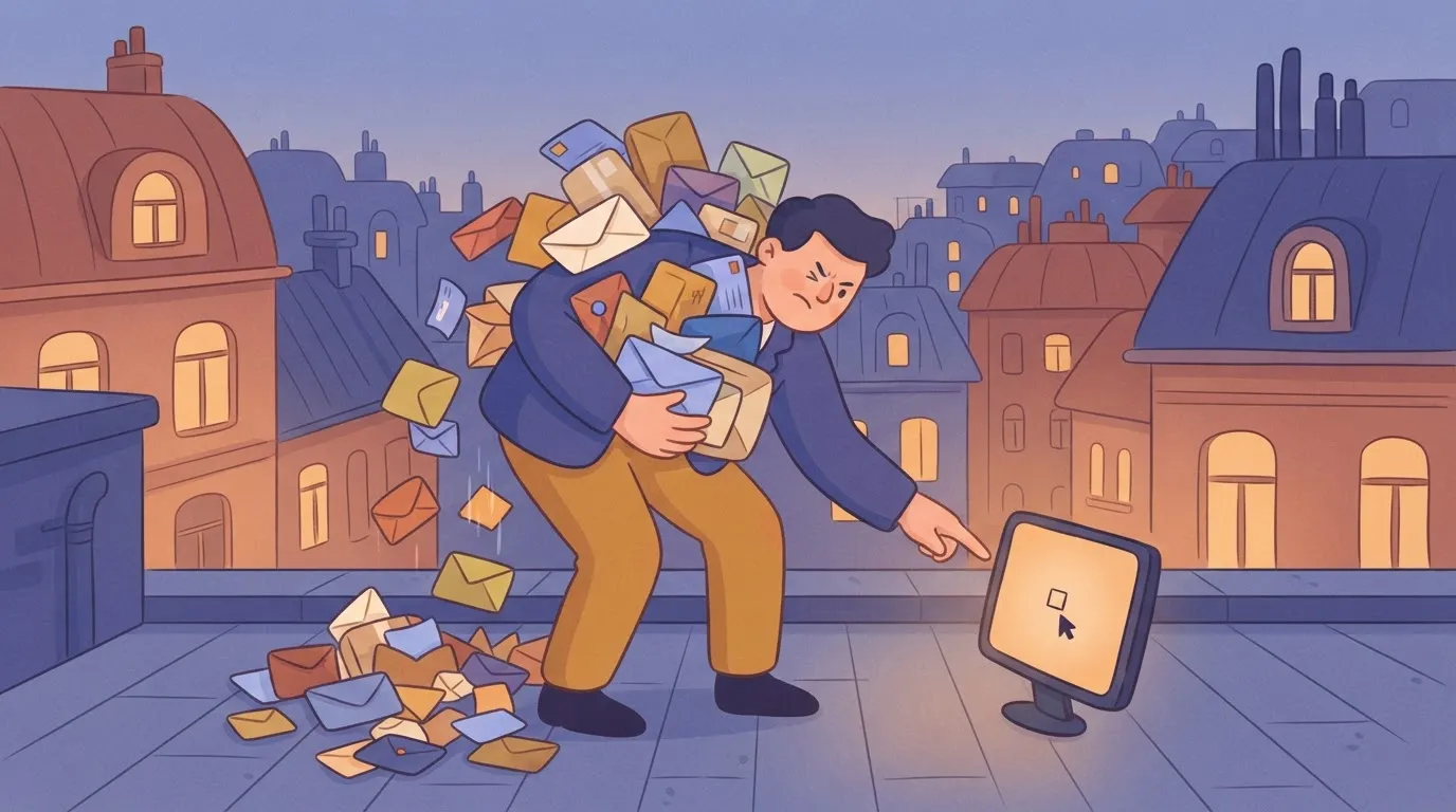 A person is holding a massive pile of letters that are spilling out of their arms, while they lean down to try and click a…