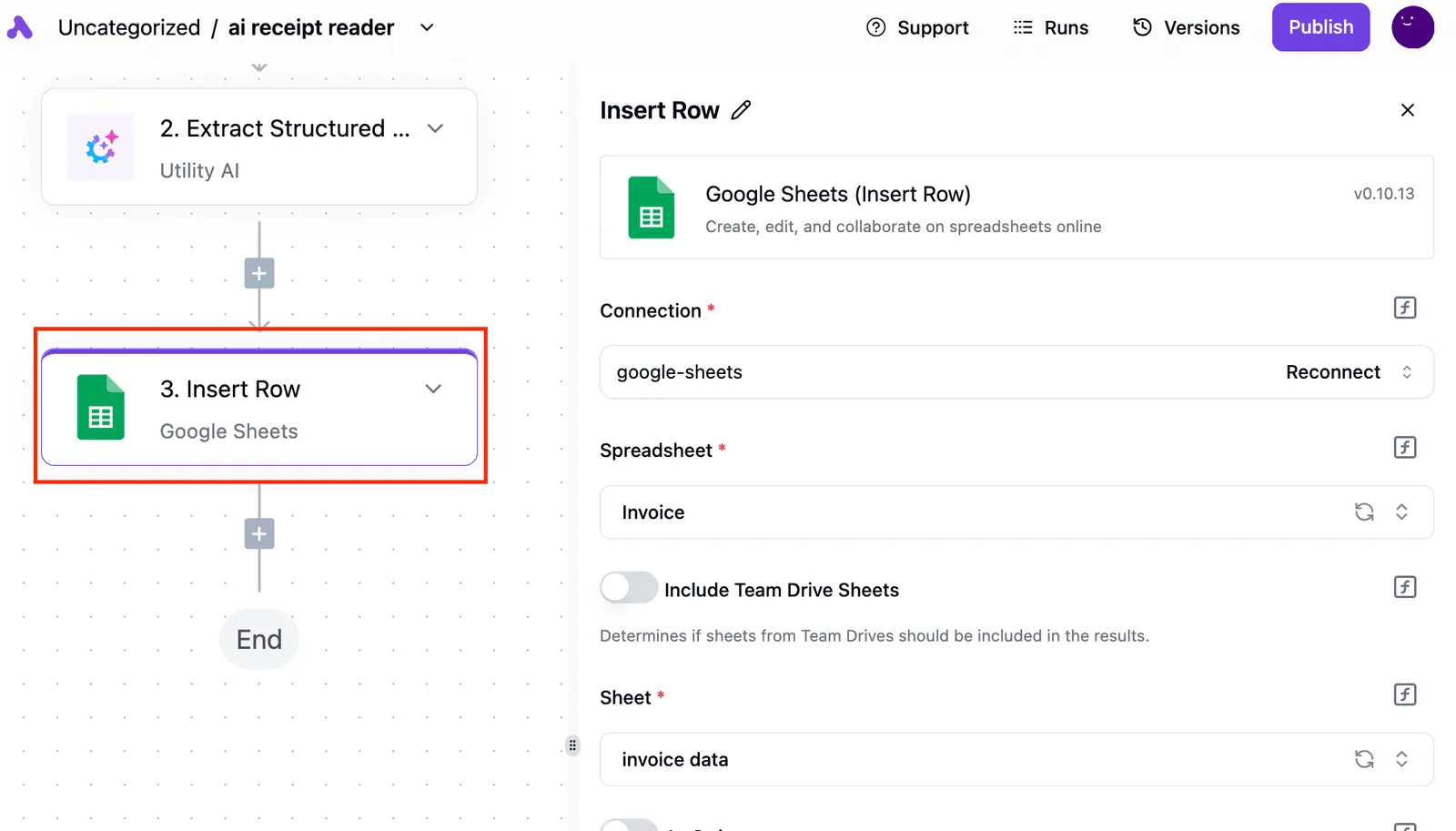 A workflow builder showing an AI receipt reader with a Google Sheets Insert Row step selected and its configuration panel…
