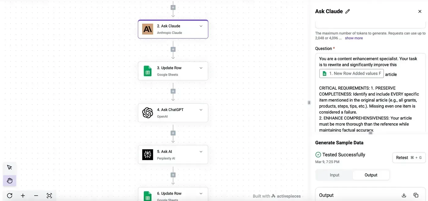 A workflow automation canvas with six steps including Ask Claude, Update Row, Ask ChatGPT, and Ask AI (Perplexity), with…