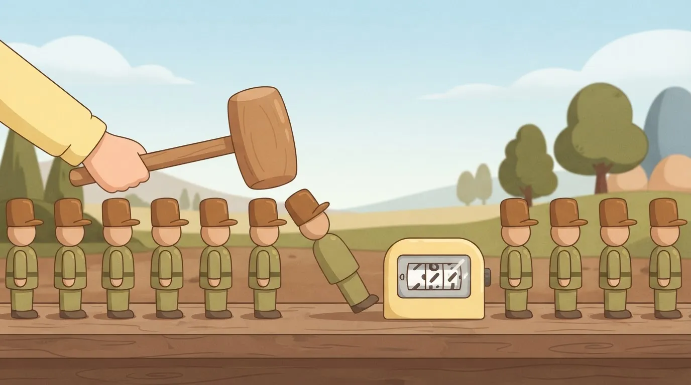 A row of identical wooden soldiers being hit by a single mallet one by one, with a small mechanical counter clicking upward…