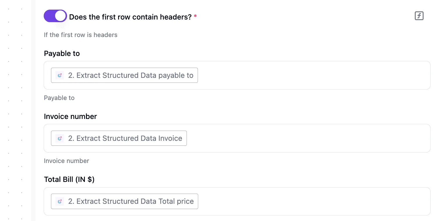 Configuration panel for extracting structured data fields from invoices using AI in an Activepieces workflow