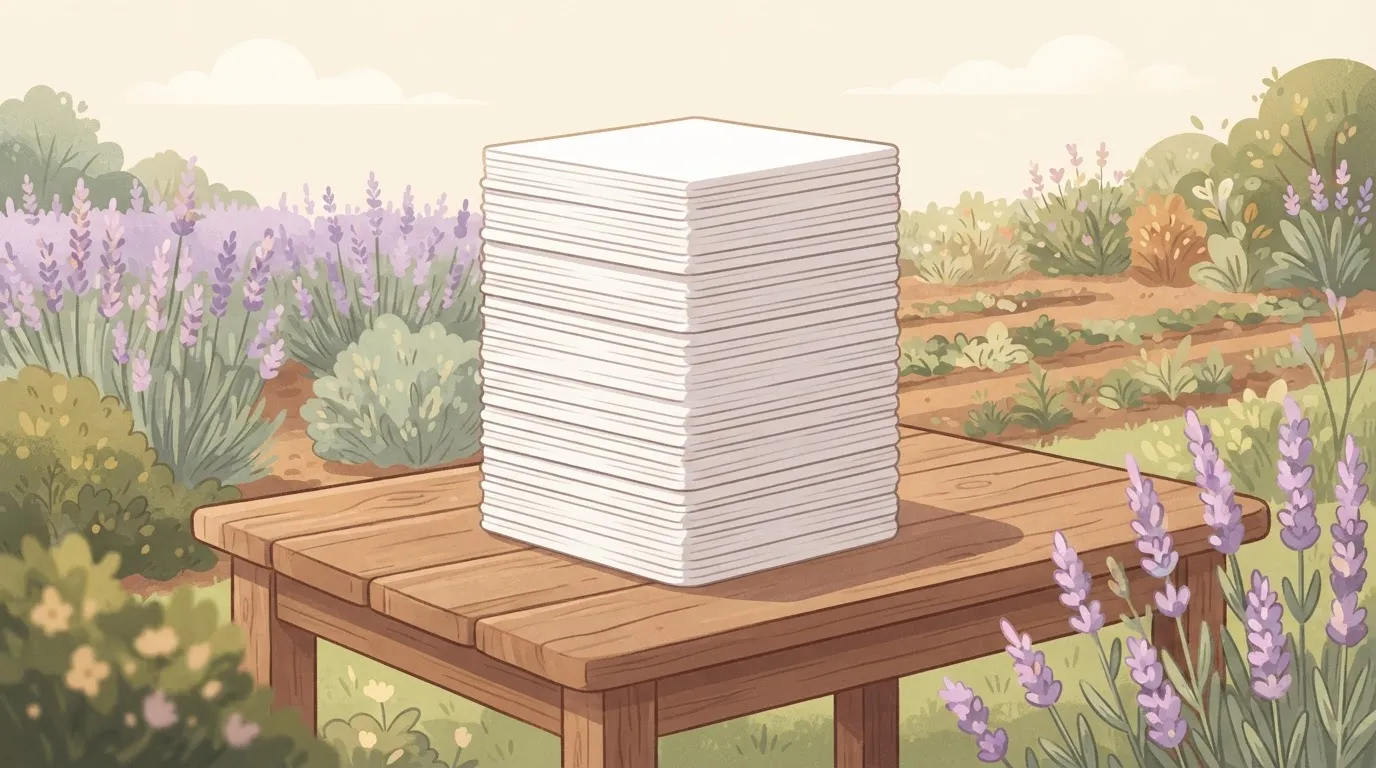 A thick stack of white paper sheets is neatly squared on a wooden desk.