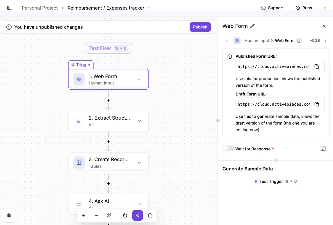 A workflow automation canvas with a four-step flow for an expenses tracker, showing form input, data extraction, database…