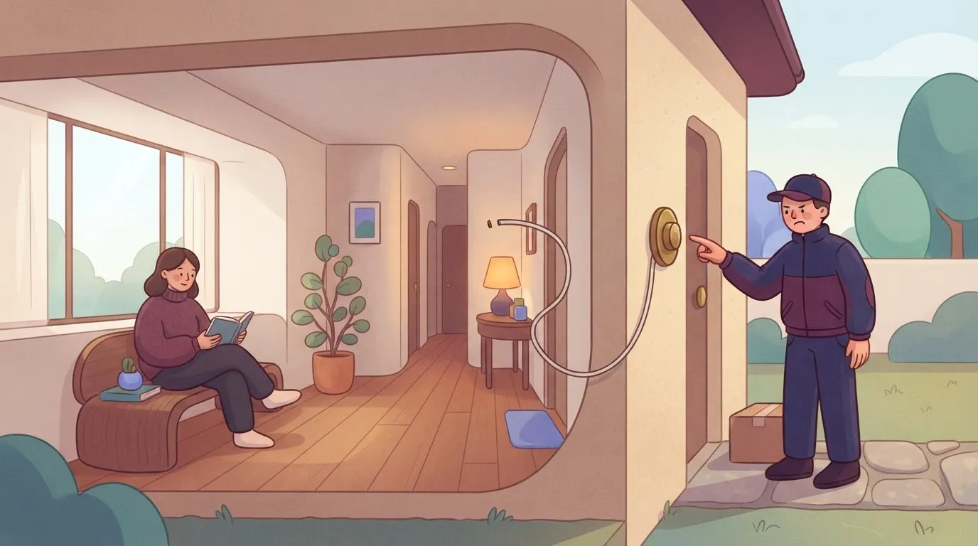 A doorbell button on a wall wired to nothing, with a person inside seated calmly facing a quiet hallway, while outside a…