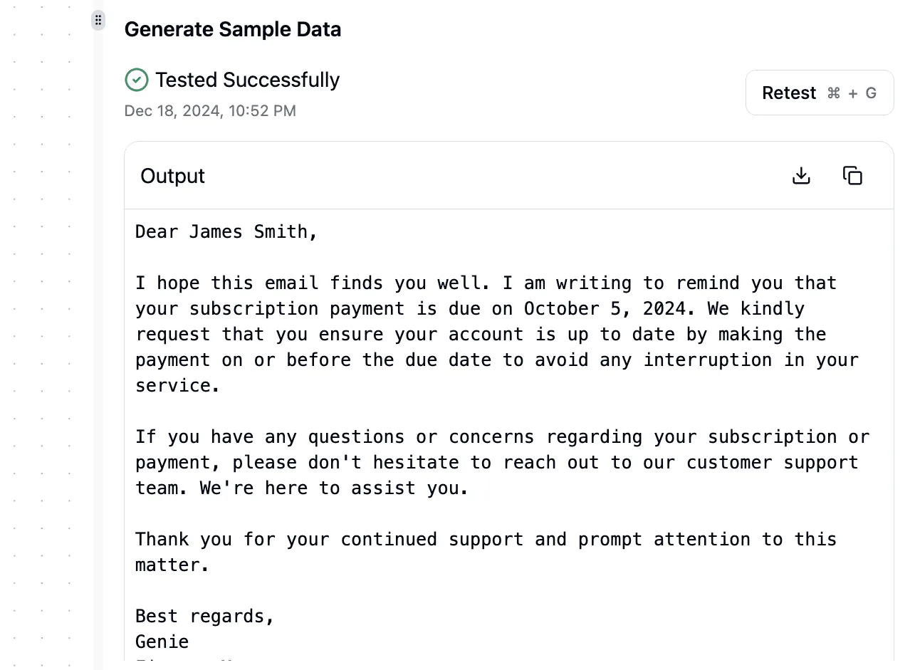 AI-generated email output from a workflow step showing a subscription payment reminder message.