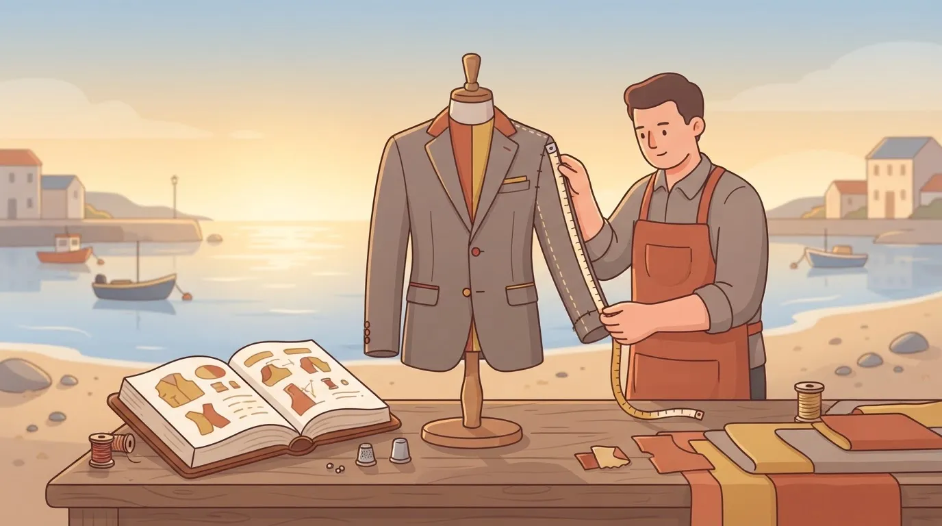 A tailor using a measuring tape to slightly shorten the sleeves of a perfectly fitting suit, while a formal rulebook lies…