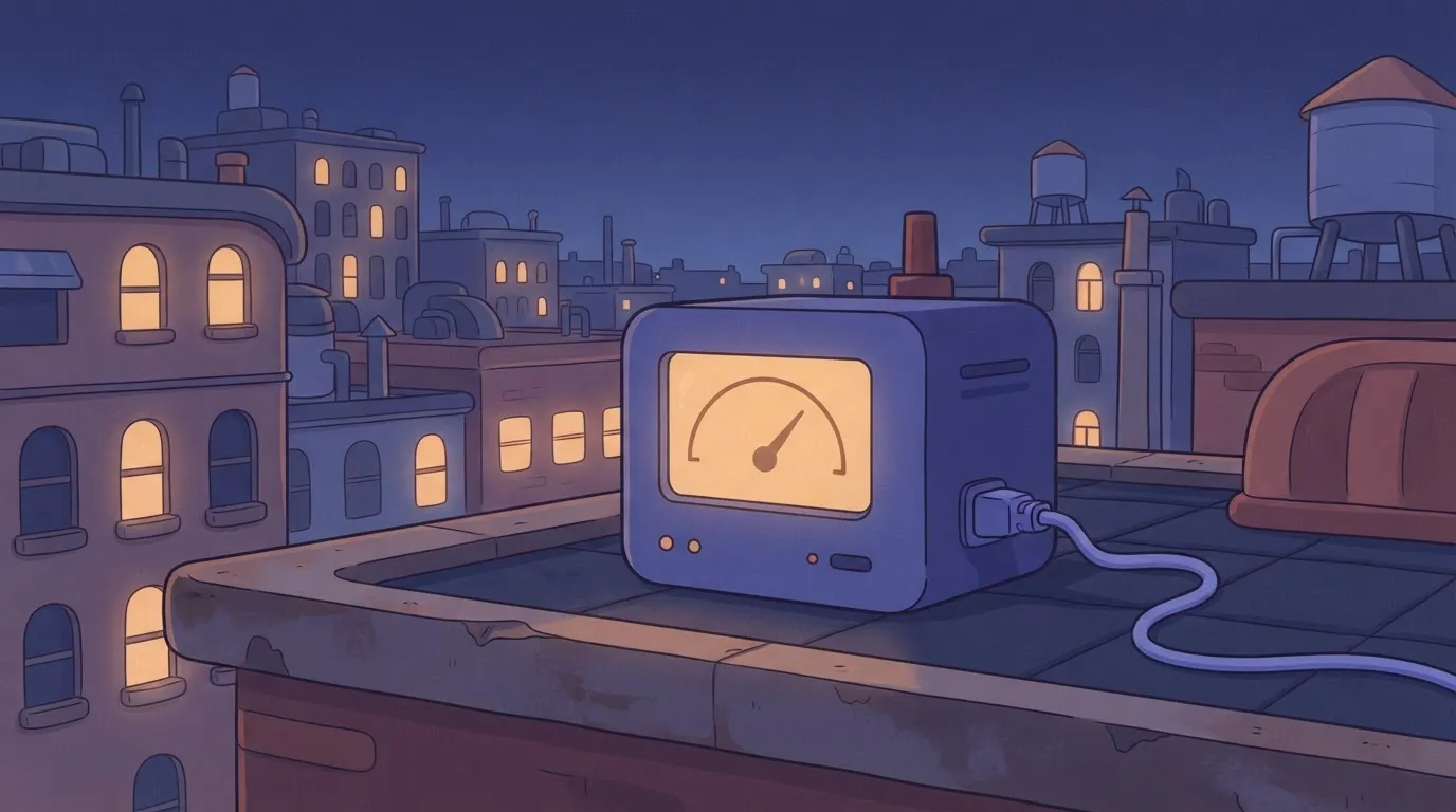 A rectangular machine with a small digital screen on the front showing a simple circular gauge, connected to a power cord…