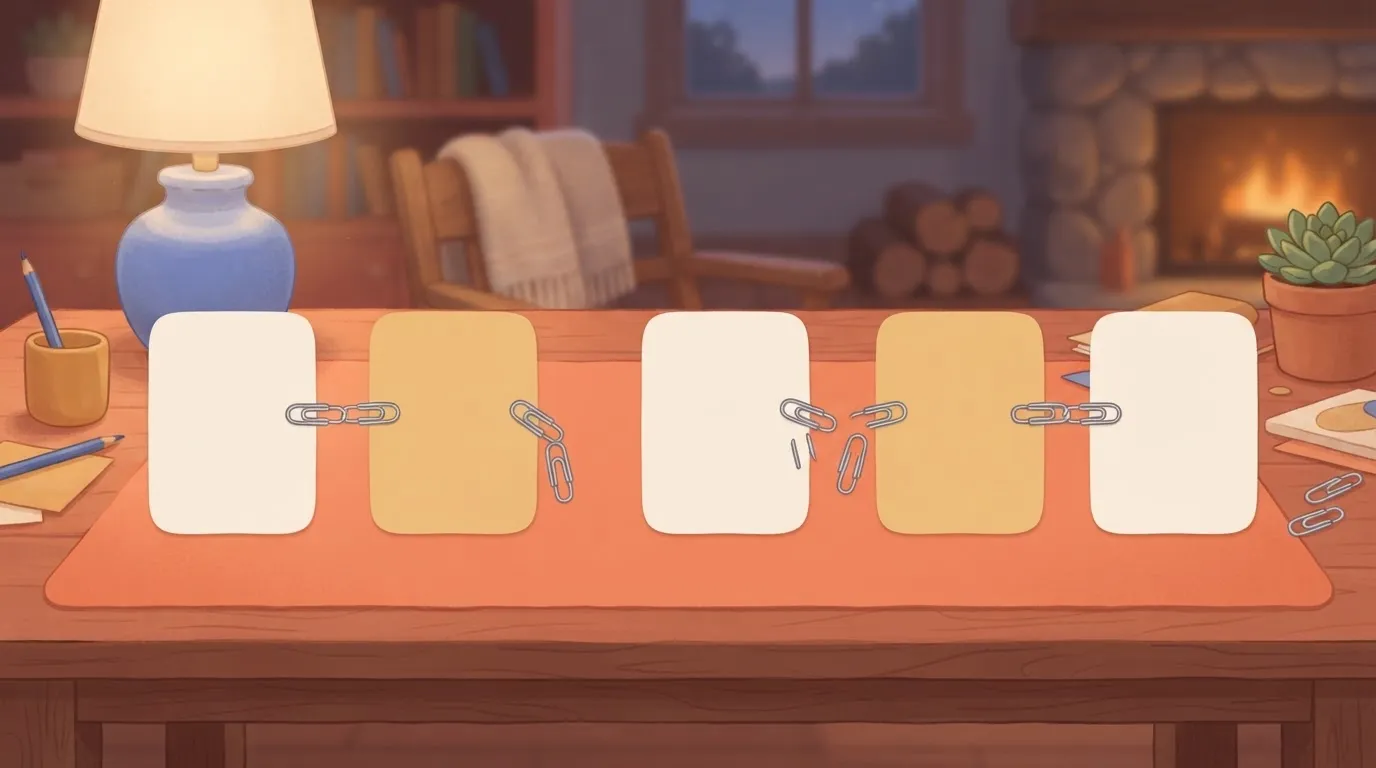 Row of five cards joined by a chain with one gap