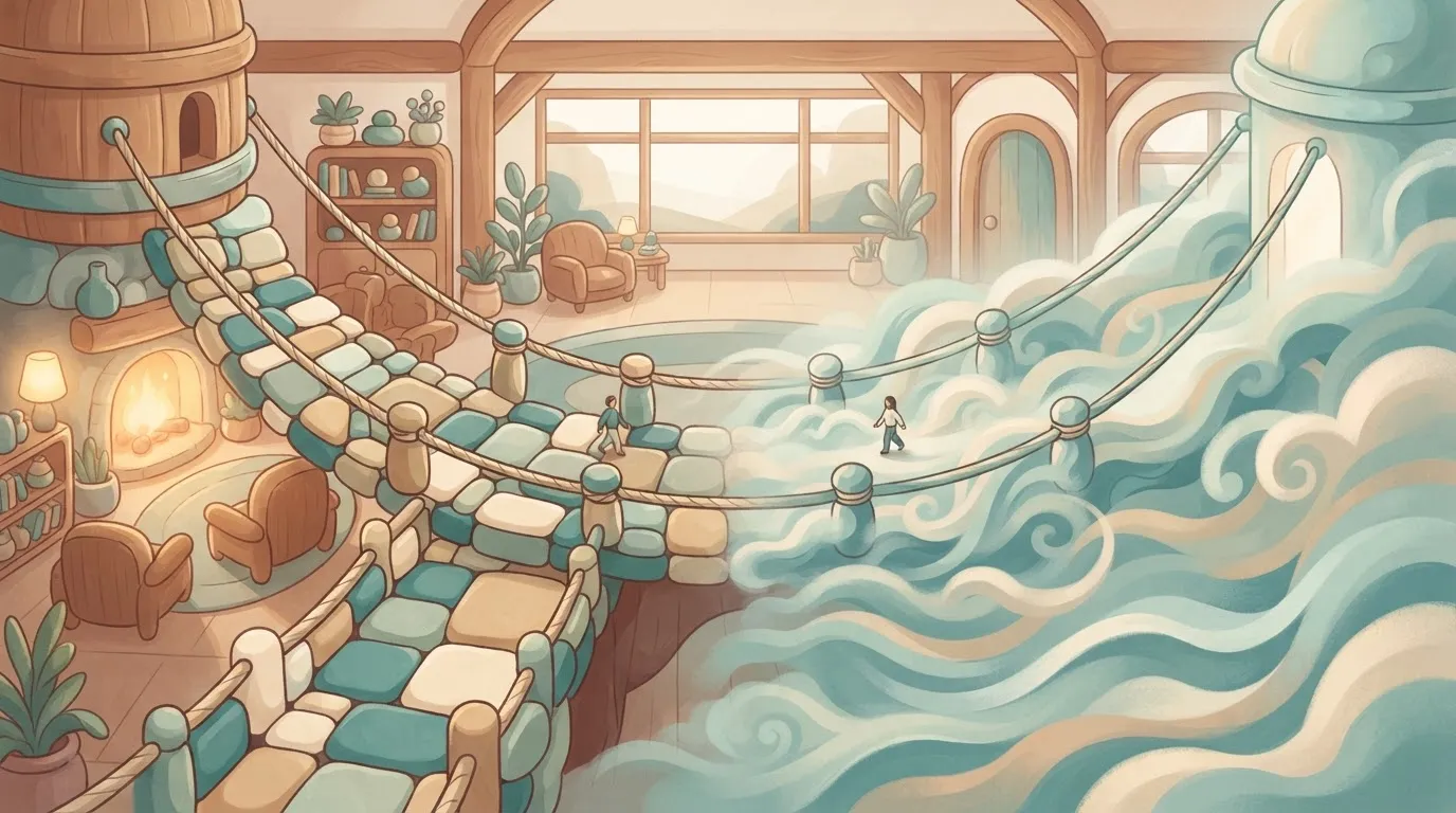 A suspension bridge where one side is built of neat stone blocks and the other side is built of swirling mist, meeting…