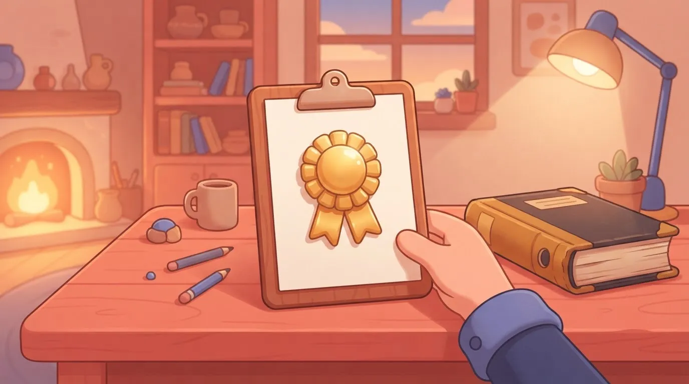 Gold badge on empty clipboard beside ignored thick binder