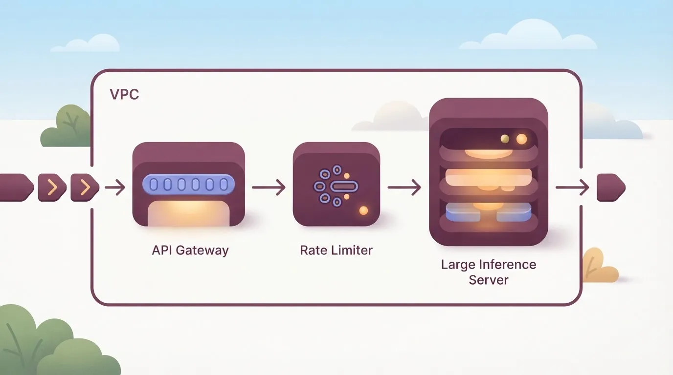 A schematic of a VPC boundary containing three distinct server blocks: an API Gateway, a Rate Limiter, and a large…