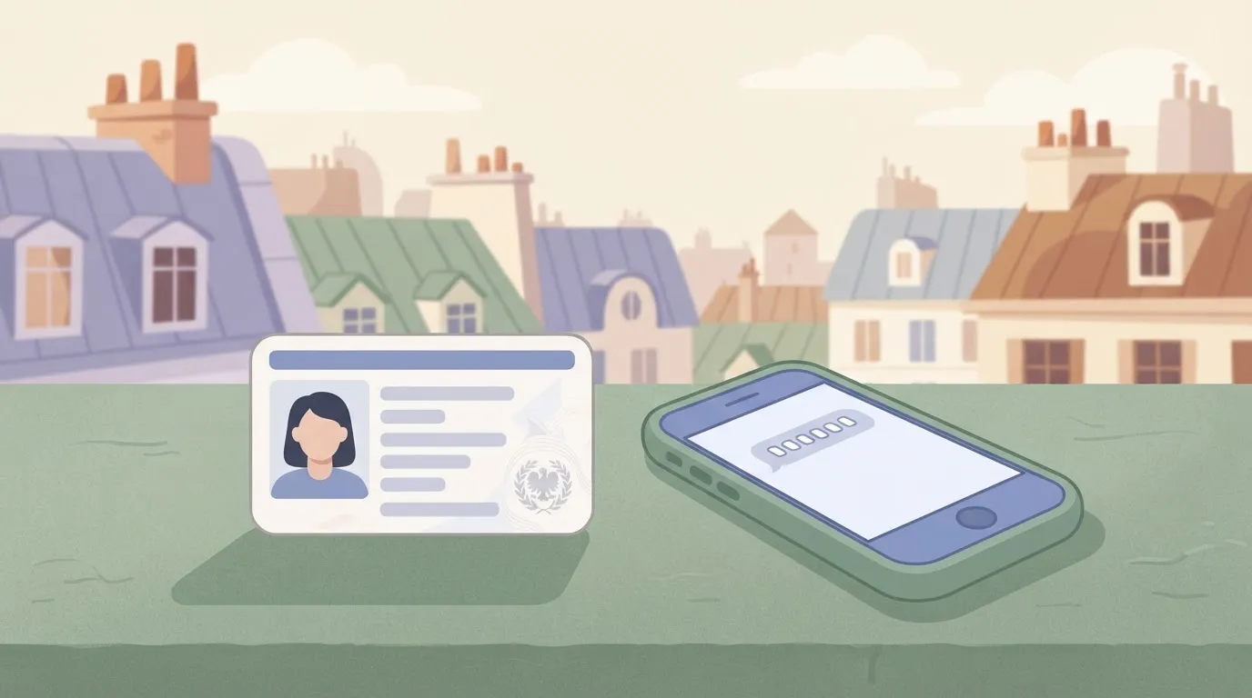 A government ID card with a photo and text fields lying next to a smartphone displaying a text message containing a…