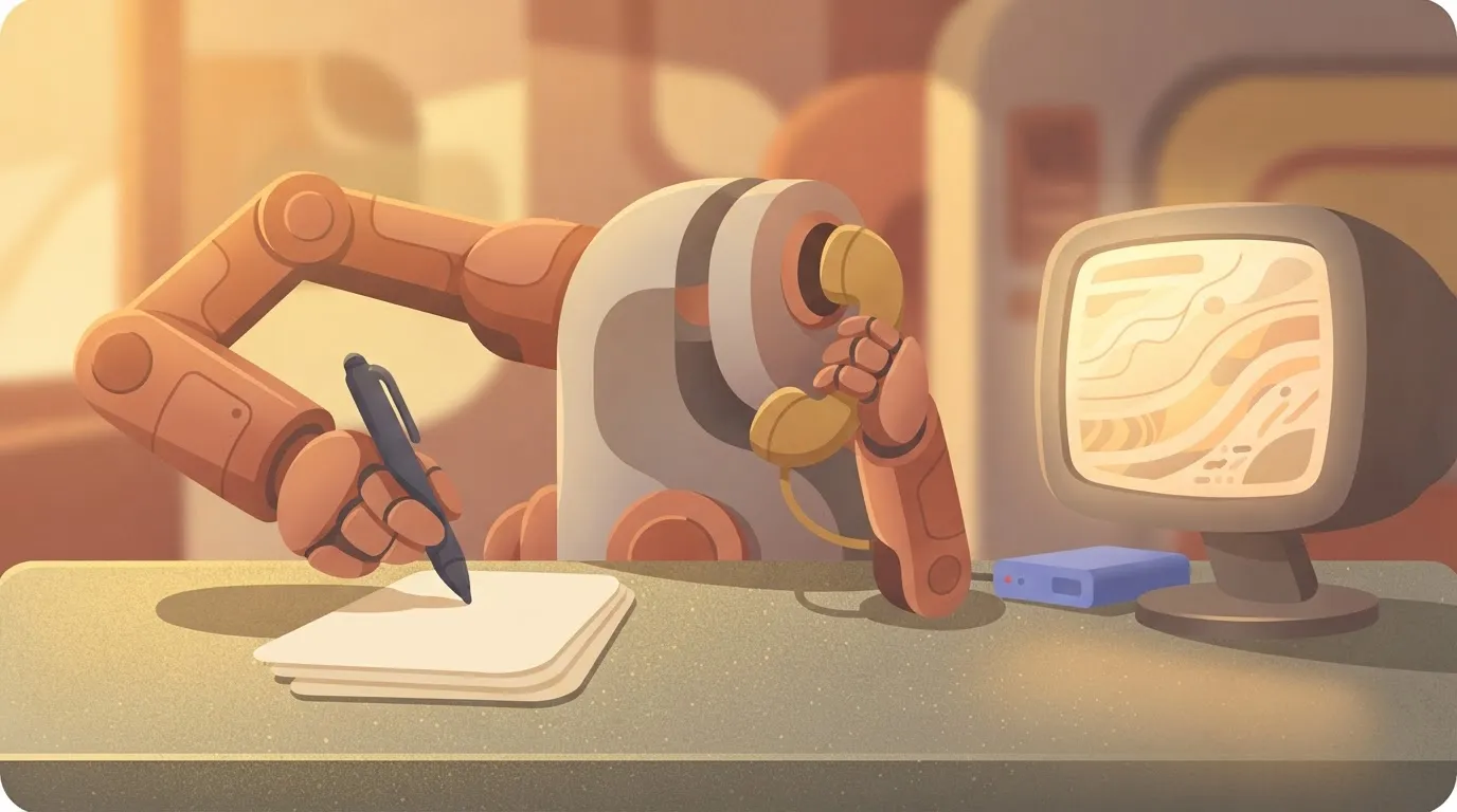 A robotic arm holding a pen, poised over a document to sign it, while its other hand holds a telephone receiver to its ear…