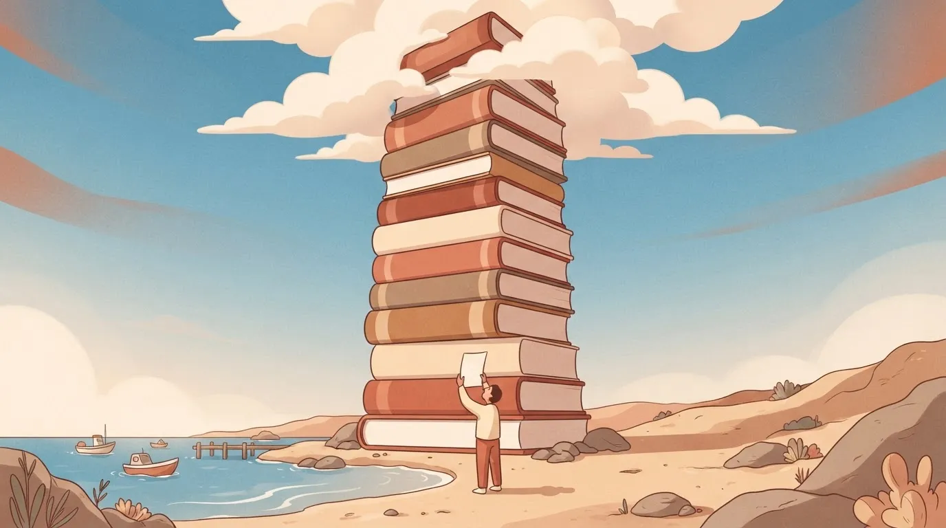 A single, tiny person standing at the base of a vertical stack of books that reaches so high the top is lost in the clouds.