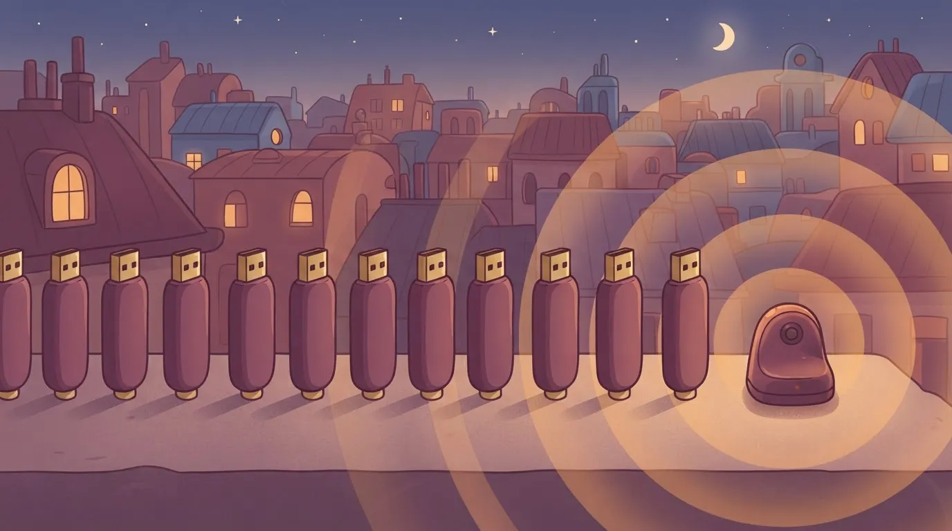 A row of USB sticks standing in a line like tombstones, while a single sensor unit next to them emits a pulse of expanding…