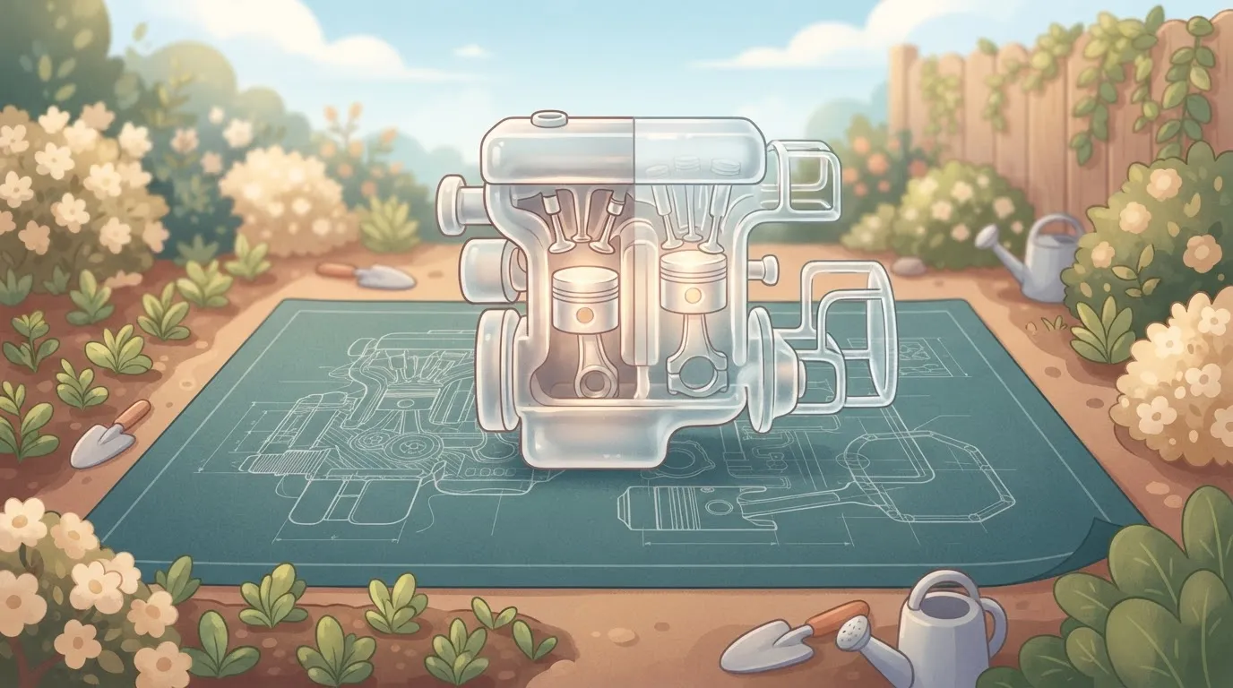A single blueprints sheet showing a complex engine, with the actual physical engine sitting on top of it, but the engine is…