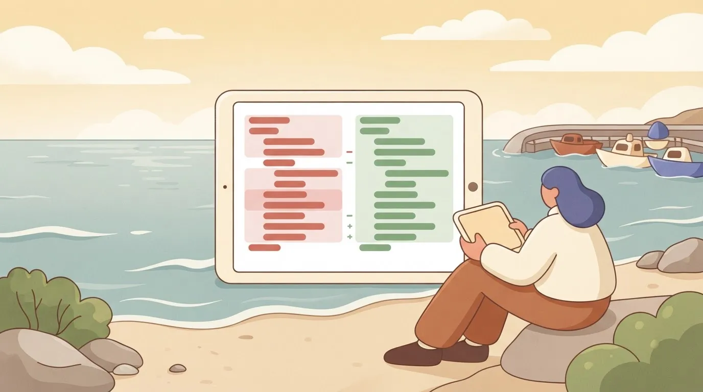 A digital pull request displayed on a screen, showing a comparison between two blocks of code with lines of TypeScript…