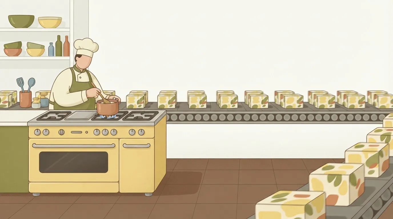 A chef meticulously stirring a single, small pot on a large stove, while in the background, a conveyor belt rapidly moves…