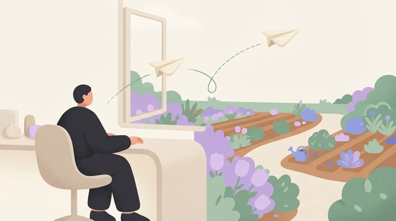 A paper plane flies out of an open office window with a tick-shaped trail, then loops in a wide arc and flies back in…