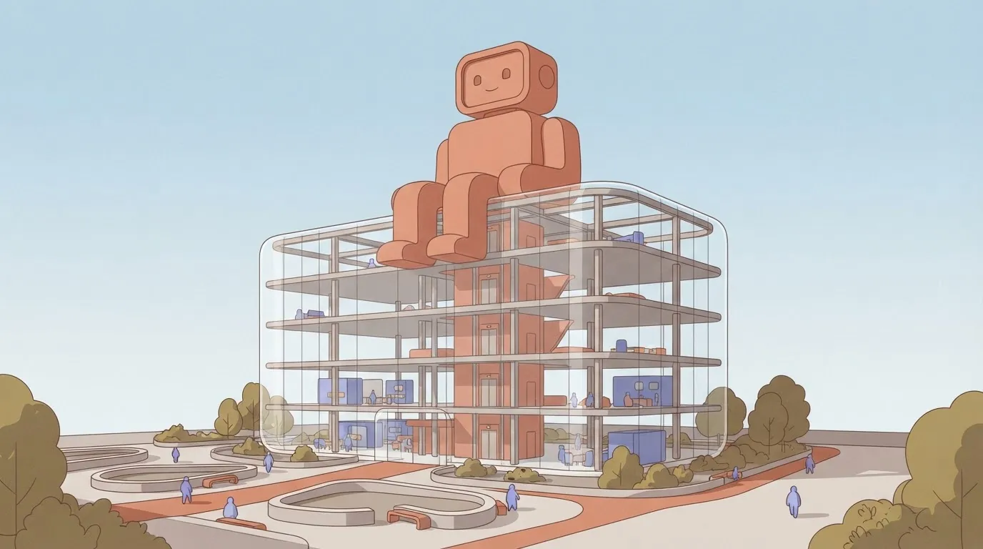 A transparent office building where the internal support beams and elevator shafts are visible, matching the exact shape of…