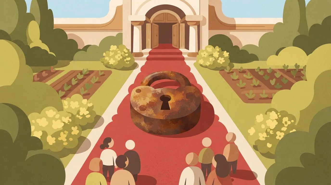 A long, formal red carpet leads up to a grand entrance, but the carpet is blocked by a single, oversized, rusty padlock…