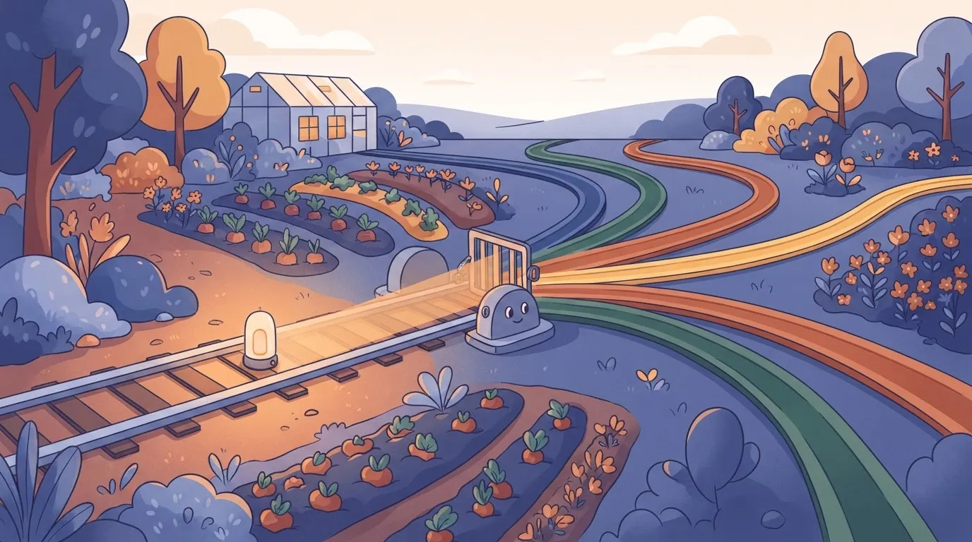 A single railway track that splits into several different colored paths, with a small mechanical gate flipping to direct a…