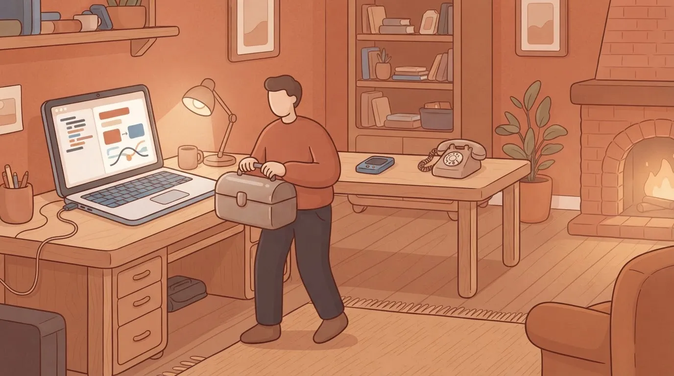 Empty support desk behind a team member with a toolbox