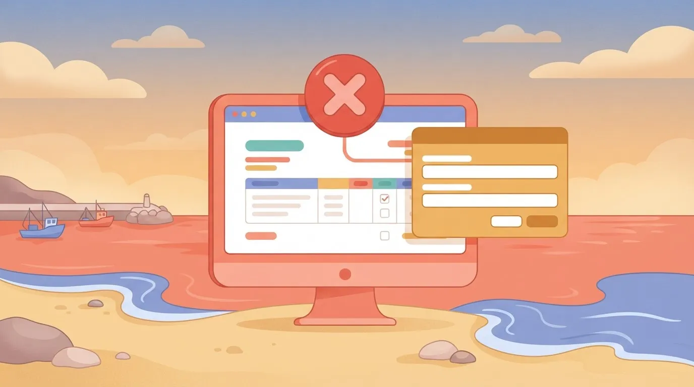 A digital purchase order on a screen, with a red circular 'X' icon hovering over it, and a separate accounts payable module…