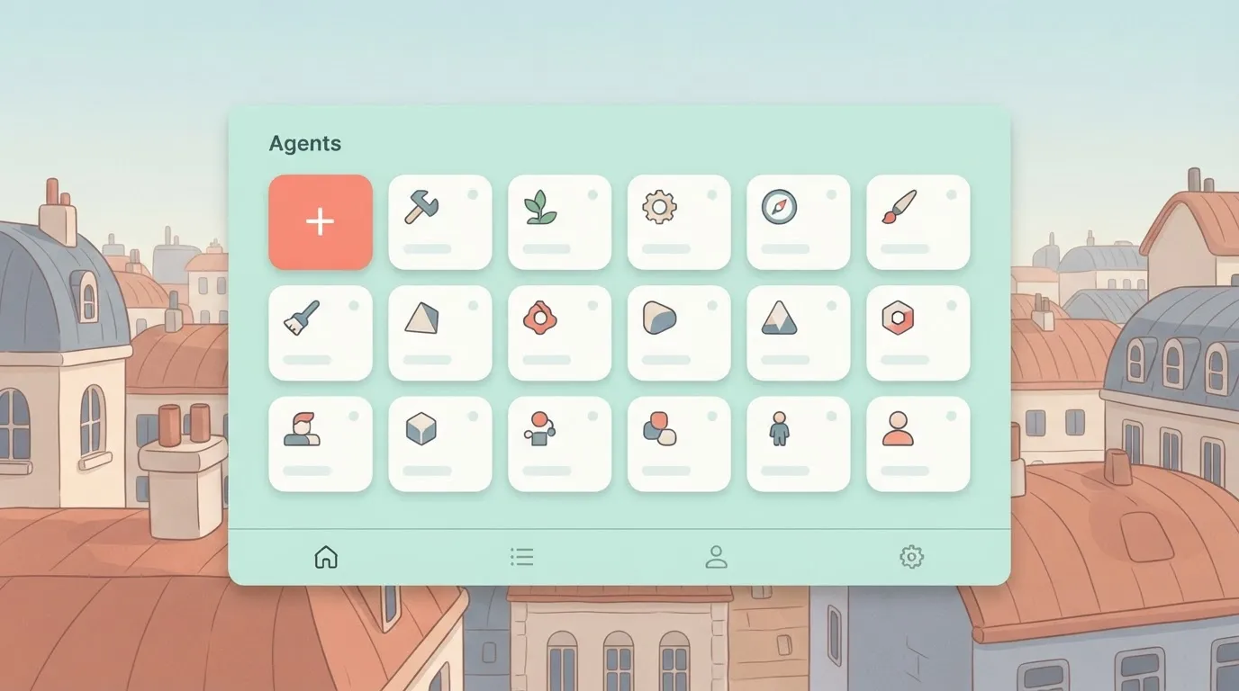 Agents page with a grid of cards and a plus button in the corner