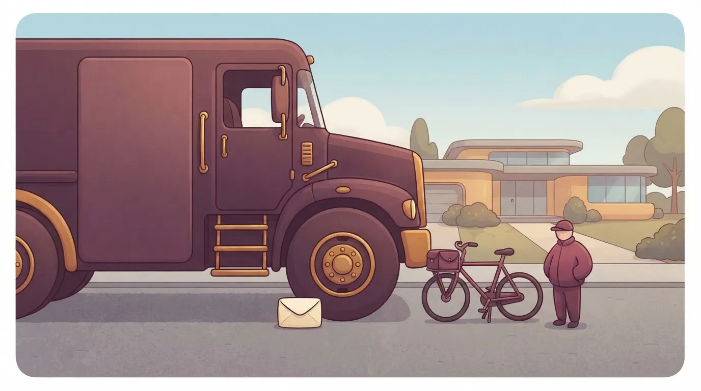 Large truck delivering one envelope, bicycle left parked
