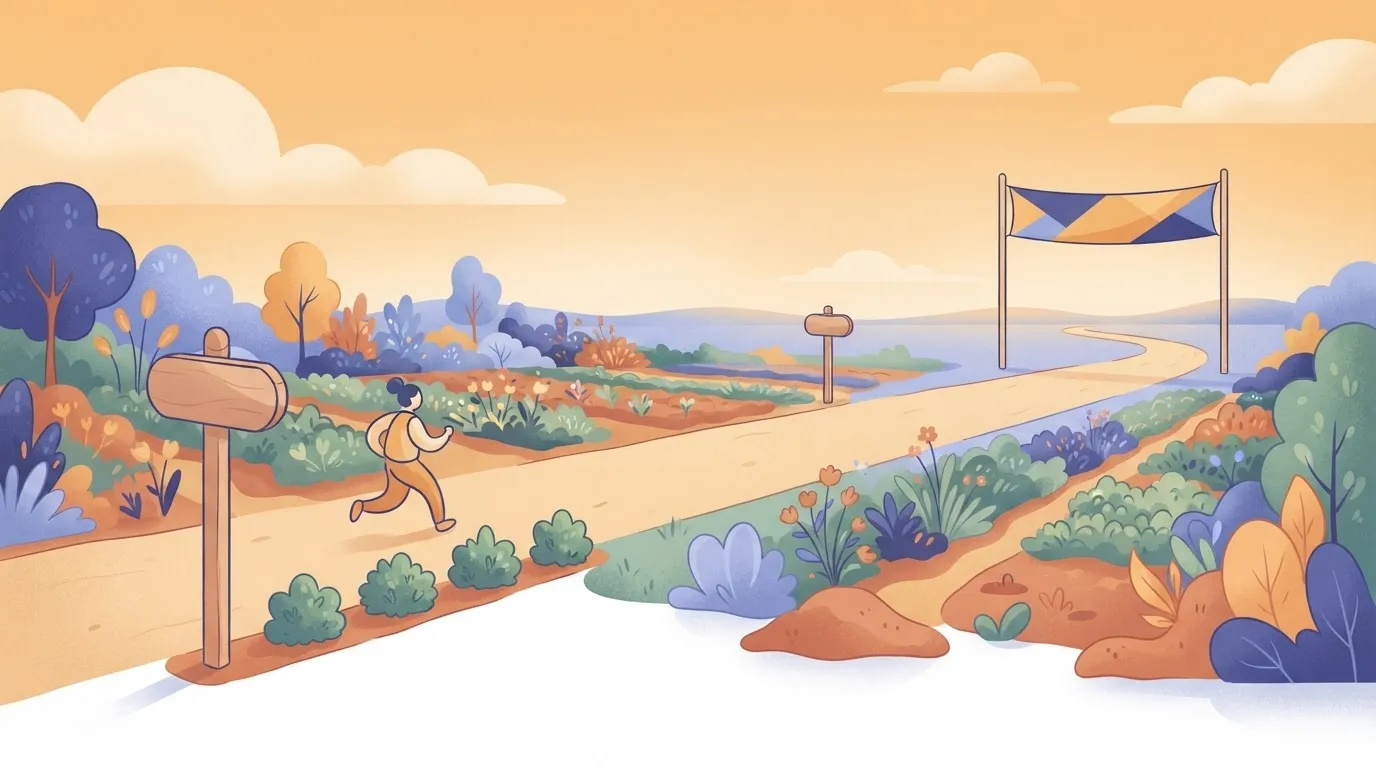 A long marathon track that stretches toward the horizon, with a finishing line banner that has been moved far into the…